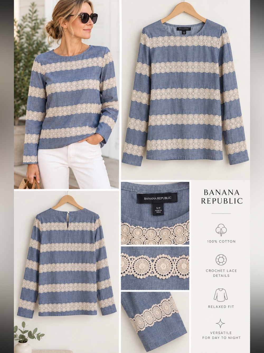Banana Republic Blue Pullover with Lace Stripes